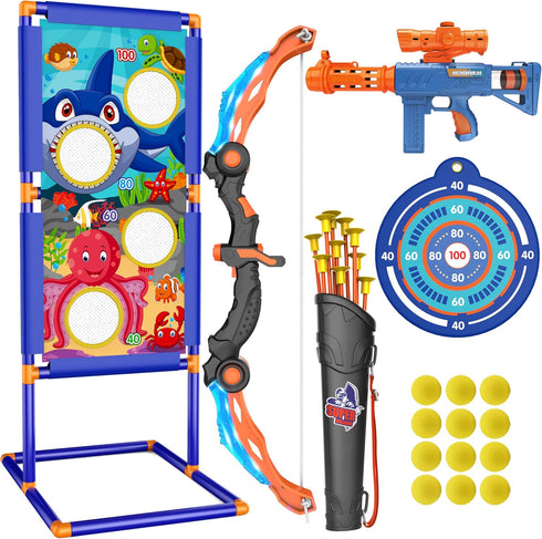 KKONES Kids Bow and Arrow Set, 2 in 1 Shooting Game Toy with LED Light Up Archery Toy Set, Bow & Air Gun, Foam Balls,