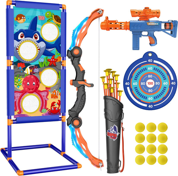KKONES Kids Bow and Arrow Set, 2 in 1 Shooting Game Toy with LED Light Up Archery Toy Set, Bow & Air Gun, Foam Balls,
