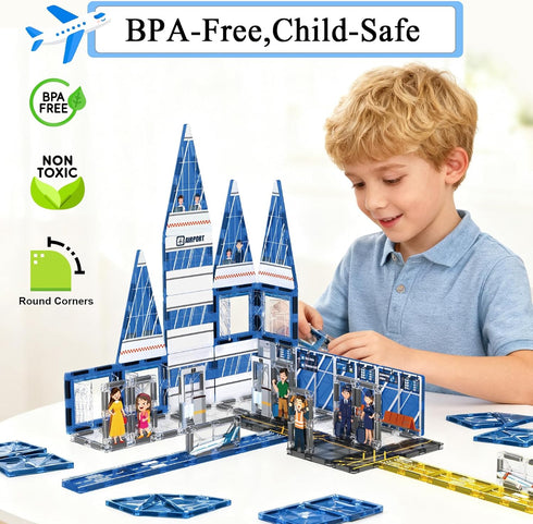 54PCS Set, 3-5 5-7 8-10 AFUNX Magnetic Tiles, Airport Theme Building Blocks Magnet Building Blocks and STEM Preschool