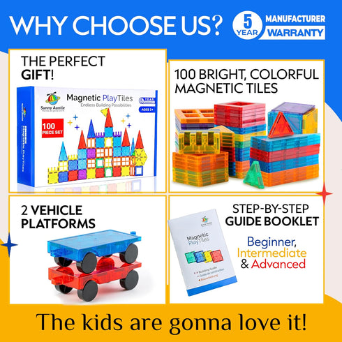 100 2 3-8, Set SUNNY AUNTIE Magnetic Tiles PCS with Cars Magnetic Building Tiles STEM Toy for Kids Ages Magnet