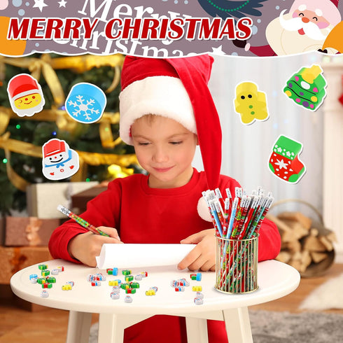 72 Pcs Christmas Pencils Mini Pencil Erasers Set, Christmas Party Favors for Kids, Holiday Tiny Erasers, Classroom