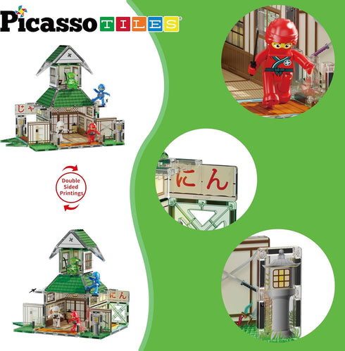 PicassoTiles Ninja Dojo House Theme Playset - 4 Character Action Figures, Magnetic Tiles, Educational Toy for Toddlers