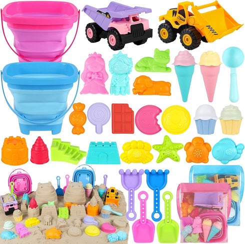 EULRGAUS Beach Toys, 36 PCS Sand Toys with Construction Vehicles, Collapsible Bucket, Princess