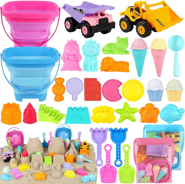 EULRGAUS Beach Toys, 36 PCS Sand Toys with Construction Vehicles, Collapsible Bucket, Princess