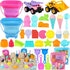 EULRGAUS Beach Toys, 36 PCS Sand Toys with Construction Vehicles, Collapsible Bucket, Princess