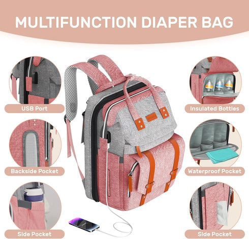 RECALLA Backpack Diaper Bag with Changing Station, Large Diaper Bag, Multifunctional Diaper Bag, Baby Bag, PinkGray