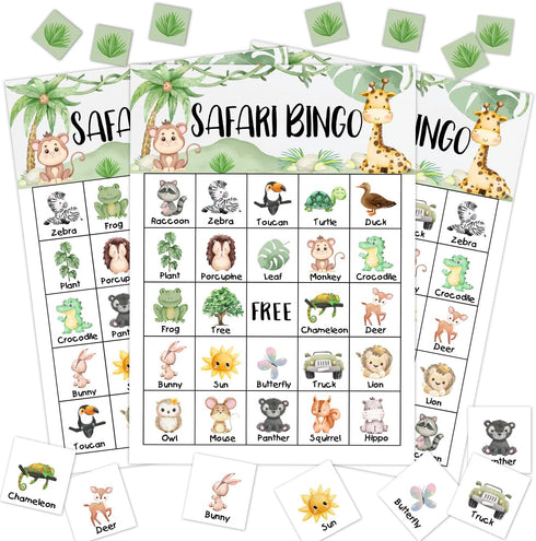 Neutral Gender Reveal Party Bingo Game, 24 Player Safari Jungle Animal Cards for Family Activity, Pregnancy Announcement