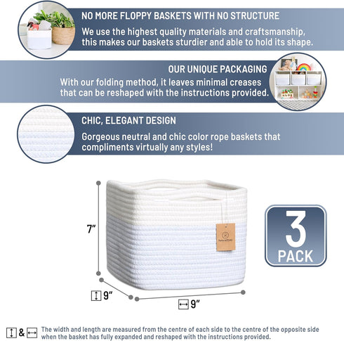 NaturalCozy 9x9x7Cotton 3-Pack 9 Inch Closet, Storage Cubes Rope Woven Baskets for Organizing | Cube Storage Bin |