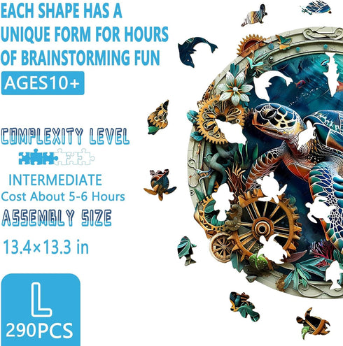 (L-13.4 13.3in -290 Wooden Puzzles for Adults, Embossed Sea Turtle Puzzle for Adults, Unique Shaped Wooden Jigsaw