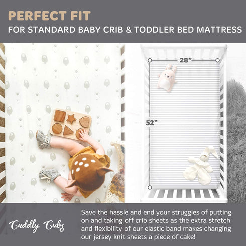 2 Pack 28 52" Cuddly Cubs Jersey Cotton Crib Mattress Sheets for Baby Boy, Girl - Grey Stripes, Sheep Toddler Bed