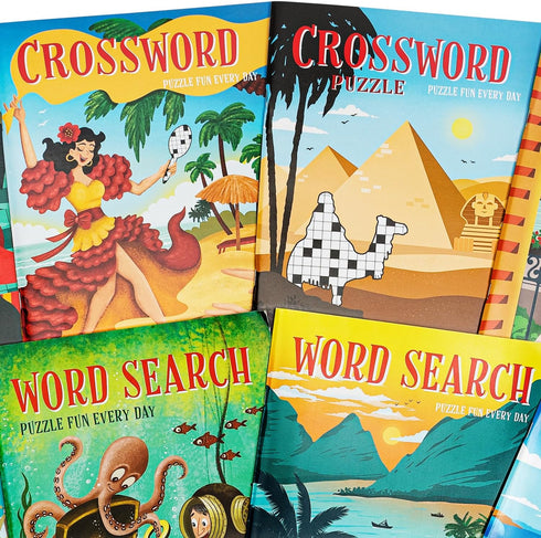 Puzzle Book 8pc Bundle - 4 Crossword & 4 WordSearch Books, Themed Puzzle Fun for Kids Ages 9+