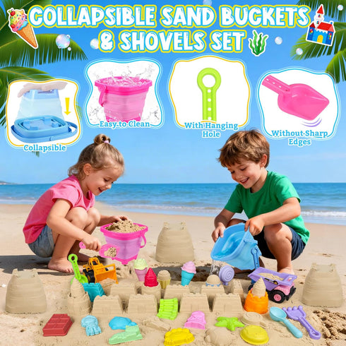 EULRGAUS 36 Beach Toys, PCS Sand Toys with Construction Vehicles, Collapsible Bucket, Princess & Prince and Ice Cream