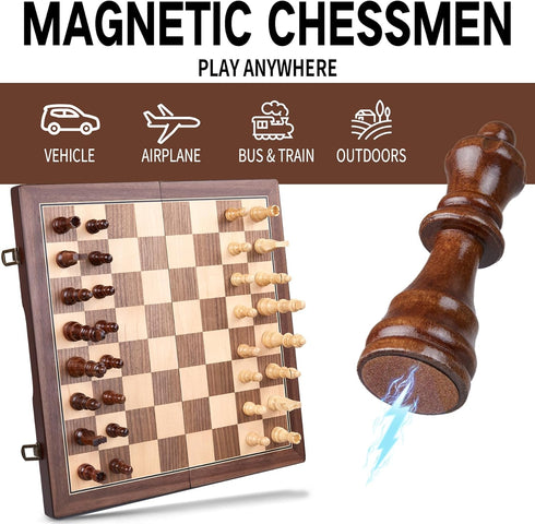 15'' Set Package, Set AMEROUS Magnetic Wooden Chess for Adults Kids - with Folding Board, Gift Pieces Storage Slots