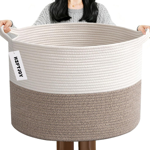 65L Large Woven Cotton Rope Blanket Basket with Handles, Laundry Hamper Storage