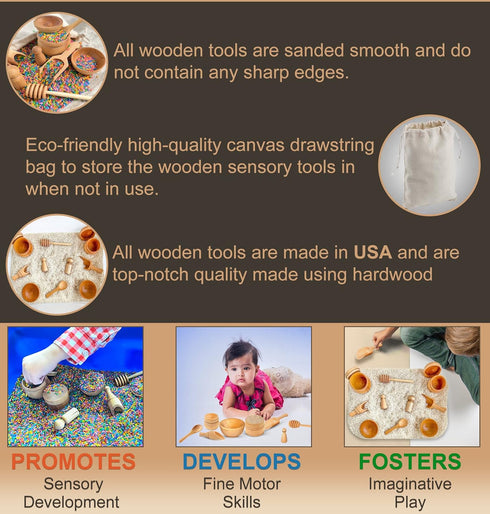 10 Piece Wooden Tool Set for Sensory Bins - Wooden Sensory Tool Sets, Perfect for Kids' Play