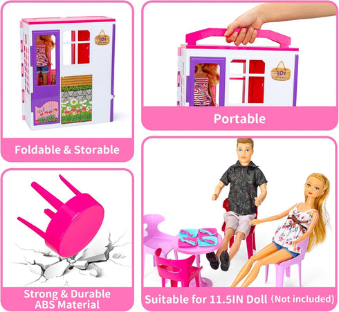 Doll House Portable & Foldable Dollhouse with 60+ Pcs & 2 Dolls, Playhouse Toy for Kids