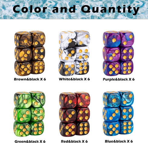 LAMJAM 36 16mm D6 6 Set Pieces Marble Dice Sided Dice Round Corner Board Game Dice for MTG DND Tenzi Farkle Yahtzee