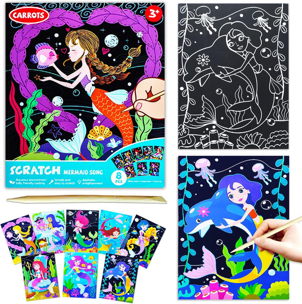 BAOXUE Scratch Art for Kids, Mermaids Black Rainbow Scratch Paper Set for DIY Activity and Party Games