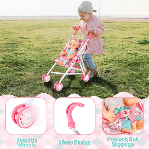 deAO Baby Doll Stroller Crib Bed Nursery Role Play Set, Baby Doll Accessories with Travel Cot and Foldable Stroller