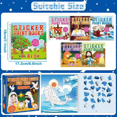 6PCS 4-8 48 Bible Paint by Stickers for Kids Ages VBS Crafts Sticker by Number Puzzle Activity Book Christian Gift