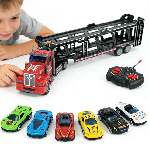 CALEST Remote Control Car Transporter Truck Includes 6 Cars, 14" 1:48 Car Transporter