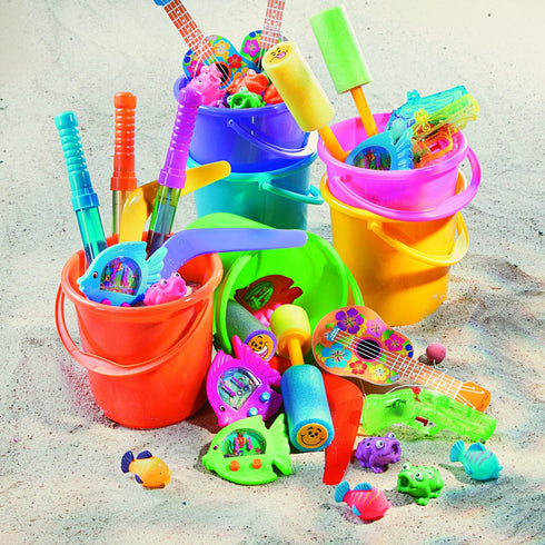 12 Pack 7 Inch 3+ Fun Express Sand Buckets for Kids - Premium Beach Buckets with Easy-Grip Handles | Durable Plastic