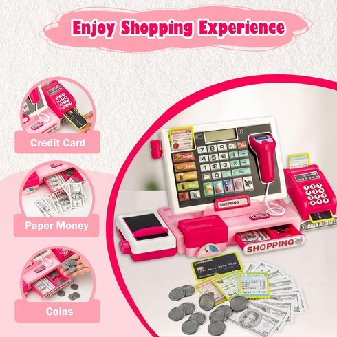 Kids Cash Register Toy with Shopping Cart - Toddler Pretend Play Store Cashier Register with Music and Calculator