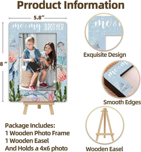 4x6 A04 Under the Sea Photo Frame, Me & My Brother Wooden Picture Frame with Easel, Photo Insert, Newborn Gifts