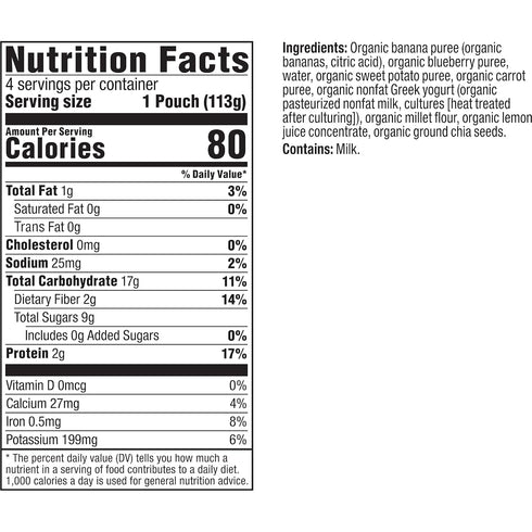 Plum Organics Mighty 4 Organic Toddler Food - 4 oz Pouch (Pack of 4) - Banana, Blueberry, Sweet Potato, Carrot, Greek
