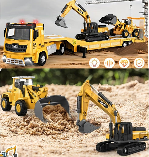 Set Bulldozer 3-7 Alloy Die-Cast Construction Vehicles Toys w/Semi Truck, Excavator & - Real Lights & Sounds, Movable