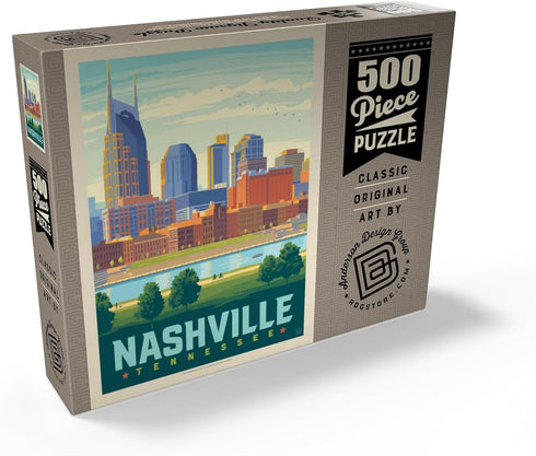 MyPuzzle Nashville Skyline - Summer On The Riverfront Vintage Poster, Premium 500 Piece Jigsaw Puzzle