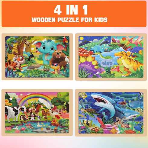 Nexority 4 Packs 24 3-5, 4-8, PCs Wooden Puzzles for Kids Ages Montessori Toddler Jigsaw Puzzles, Preschool Educational