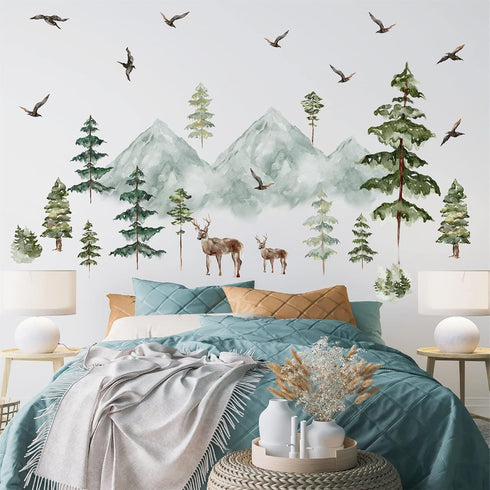 Mountain Wall Decals Large Pine Tree Wall Decals Peel and Stick Forest Tree Deer Birds Woodland Animal Decal Mountain