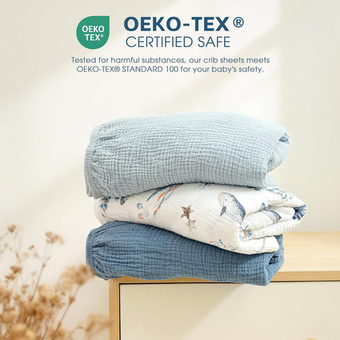 100% 2 Pack, 52"x28" 9", GRSSDER Cotton Muslin Crib Sheet Soft Breathable Fitted Sheets for Standard Baby & Toddler