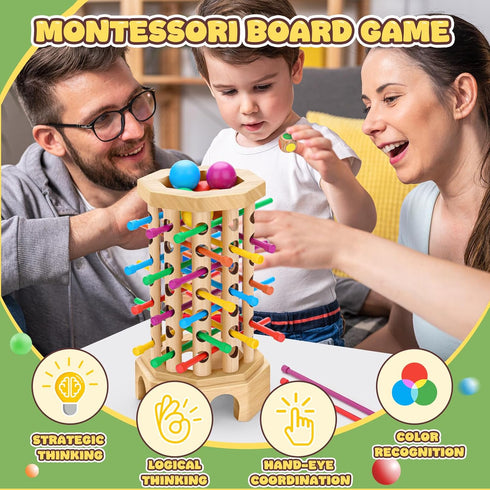3-6 Montessori Wooden Board Game for Kids Years - Educational Learning Toy with Colorful Sticks, Dice& Balls - Fine