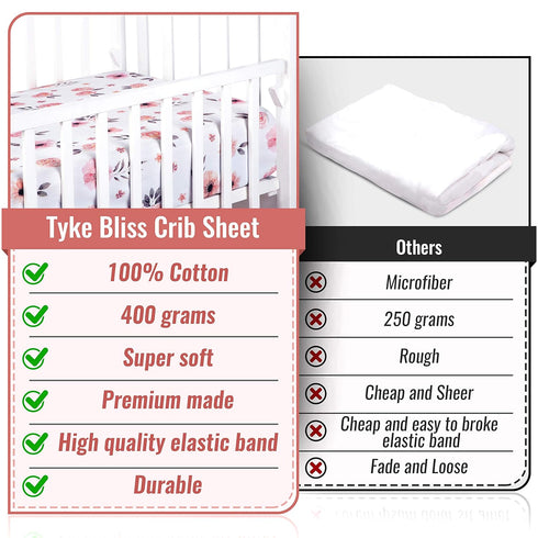 Pink Floral Girl Crib Sheet - 100% Combed Cotton, Breathable Watercolor Rose Baby Girl Crib Sheets