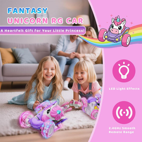 HudinFunC 360 Lights,4WD 3 4 5 6 Unicorn Remote Control Car for Girls, Rechargeable Rotating Stunt RC Car with LED