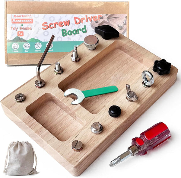 Montessori Screwdriver Board Set, 17 Pcs & 12 Holes Fine Motor Skills Educational Wooden STEM Toys