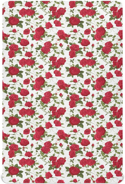 Vdsrup Crib Sheets for Boys Girl Red Roses Green Leaves Neutral Mini Crib