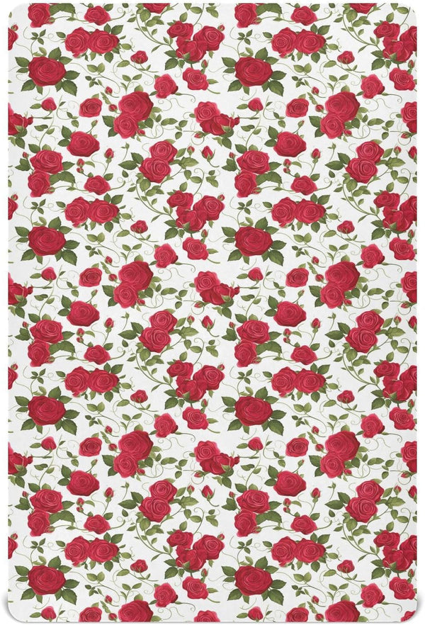 Vdsrup Crib Sheets for Boys Girl Red Roses Green Leaves Neutral Mini Crib