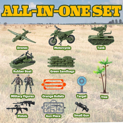 Army Toys, Military Soldier Action Figures,Military Toys Include Green Army Men, Rowboats, Motorcycles, Aircraft Weapons Accessories Playset Toy Soldiers, Military Base Toys Set for Boys