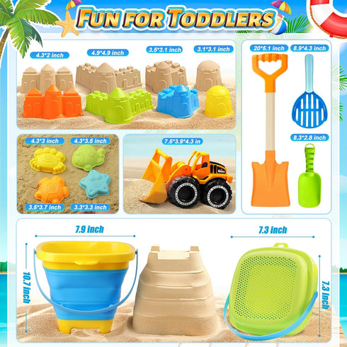 Set 1-3 4-8 Summer Collapsible Beach Sand Toys for Kids - Includes Bucket, Mesh Shovel, Filter Scooper & Castle Molds
