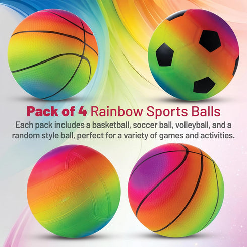 Mini Rainbow Sports Balls - 5 Inch (Pack of 4) Inflatable Vinyl Balls for Kids with Hand Air Pump for Indoor and