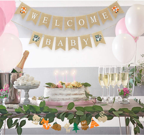 Boao 4 Pieces Baby Shower Decorations - Welcome Baby Woodland Banners Forest Animal Garland