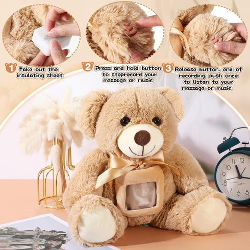 14 Inch Remembrance Bear Plush Stuffed Animal with Recorder, Soft Doll Fabric Toy, Picture Frame, Brown