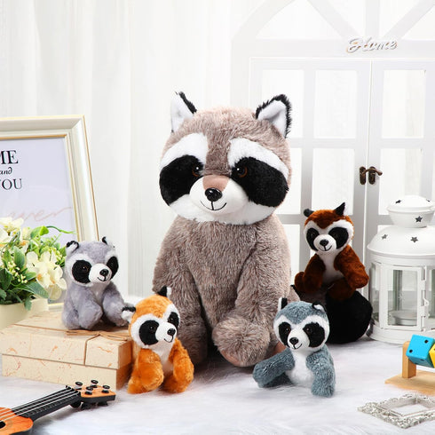 5 Set Mommy 4 Tummy Pcs Raccoon Stuffed Animal Adorable Raccoon Plush with Babies in Soft Cuddly Plushie for Birthday