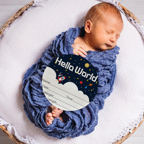 CLHHM 6" Hello World Birth Announcement Round Birch Wood Newborn Sign for Nursery Hospital & Baby Shower, Personalized