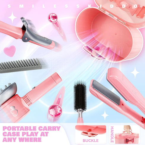 Set 10pcs Playset Toy Choi's Children's Pretend Play Hair Styling Salon with Hair Dryer, Pink Princess Hairdressing Kit