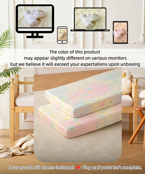 Girls,52x28x8, 2 Pack,Pink Jersey Butterfly Crib Sheets for Baby Cute Kawaii Standard Oval/Retangle Fitted Crib Sheets