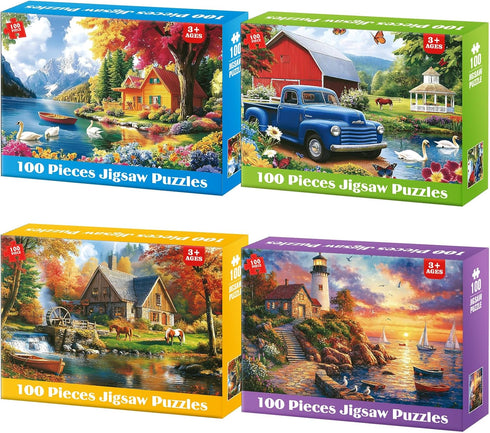 100 Piece Puzzles - 4 Themed Landscapes Large Piece Puzzles for Senior